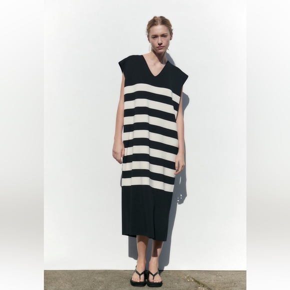 Zara STRIPED KNIT DRESS. Black/Ecru. Sizes S, M, L. New with Tags. - Picture 2 of 8